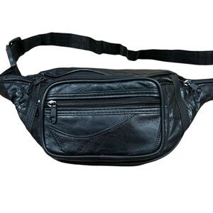 Vintage Genuine Leather Fanny Pack 16" Black 90's Waistbag Waist Belt Bag